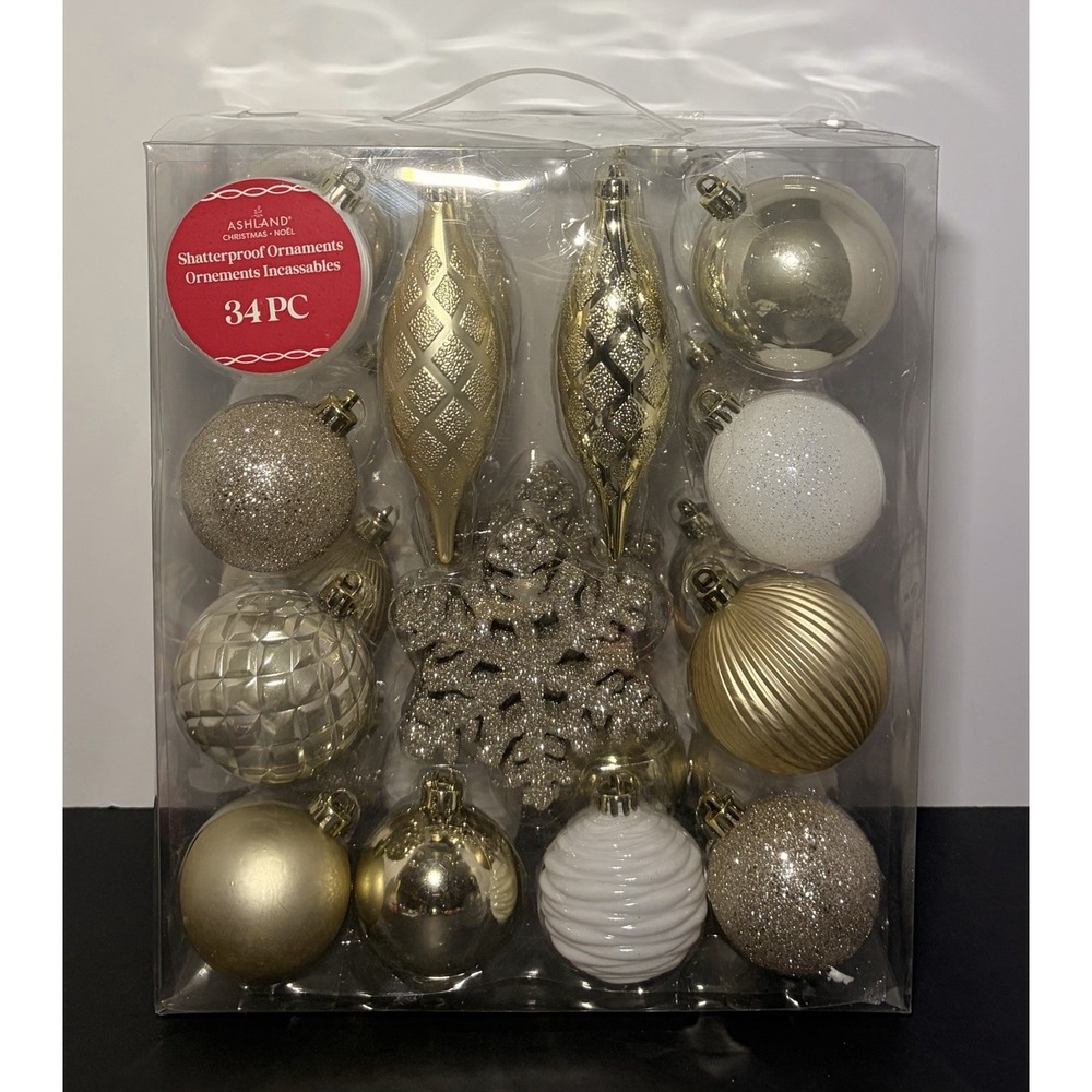 Ashland Christmas 34 piece Ornaments White Gold Silver Shatterproof Snowflakes